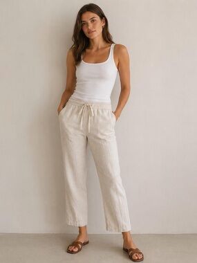 Zara Cream Drawstring Linen-Blend Pants Medium